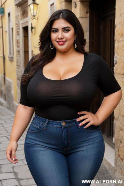 Fat mexican, bimbo, supermodel, extra thicc, cross eyed, wide hips, high rise jeans, tight black tshirt, holding candy bar, very tan, fat face, rotund figure - ai-porn.ai - Mexico on pornintellect.com