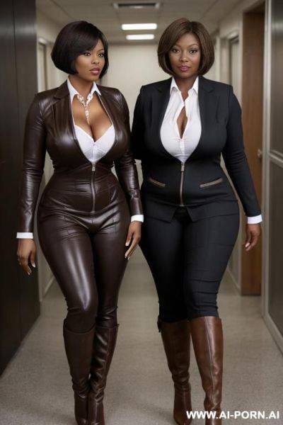 Ebony mature unzipping with her hand her knee high high heel brown leather boot with her breast fully out of her cotton business suit and with puffy swollen nipples. the boots must be brown and be half unzipped - ai-porn.ai on pornintellect.com