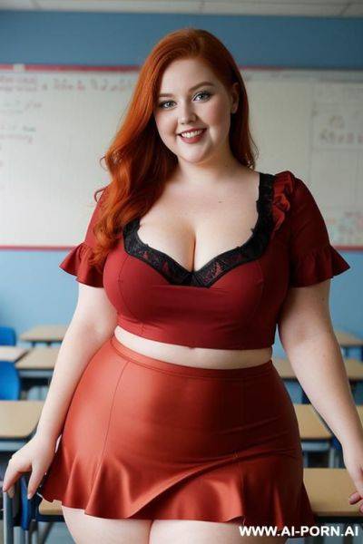 Close up half body photo shot, about at classroom, chubby (very obese) redhead fat bbw curvy teacher, wearing a sexy and hot micro red ruffle skirt, and elegant top, teaching to the classroom. - ai-porn.ai on pornintellect.com
