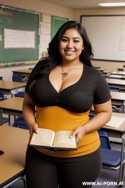 Mexican, nerd, huge nose, dark skin, holding books, extremely fat hourglass figure, chicana, chola - ai-porn.ai - Mexico on pornintellect.com