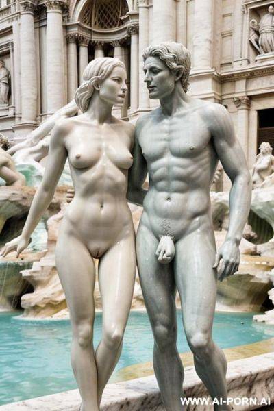 Sculpture of a naked man and woman. realistic, very beautiful face. wull body wiew. trevi fountain in the background. - ai-porn.ai on pornintellect.com