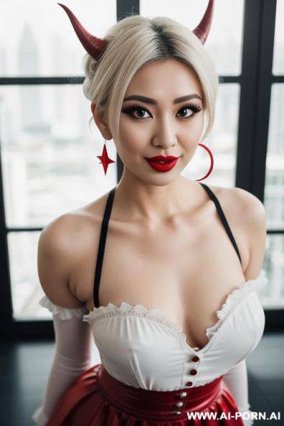 Red devil horn fangs maid servant, round boobs, extremely pretty, model, full lips, button nose, eye contact, ahegao, hoop earrings, styled hair, hourglass figure, tight waist - ai-porn.ai on pornintellect.com