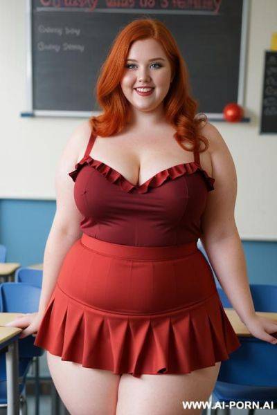 Close up half body photo shot, about at classroom, chubby (very obese) redhead fat bbw curvy teacher, wearing a sexy and hot micro red ruffle skirt, and elegant top, teaching to the classroom. - ai-porn.ai on pornintellect.com