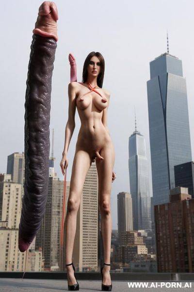 Full body view of a tall, slender giantess taller than a city. (((she has a long penis extruding from her clitoris))) - ai-porn.ai on pornintellect.com