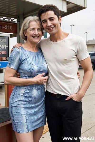 Granny stands in front of the gas station atdant and looks at him - ai-porn.ai on pornintellect.com