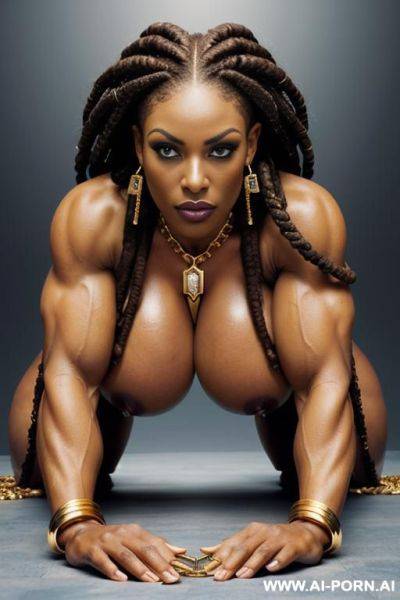 Black gladiator woman with curvy body. dark skin. necklace, earrings, bracelet, ankle chain. stiletto high heels., gold armband. long thick pointed erect nipples. nose stud. gold chains. blue eyes. - ai-porn.ai on pornintellect.com