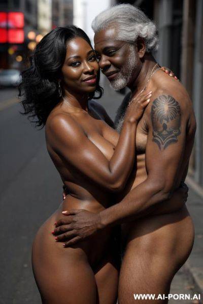 Grey afro hair, hugging from an old man behind her - ai-porn.ai on pornintellect.com