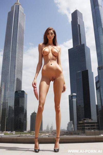Full body view of a tall, slender giantess taller than a city. (((she has a huge penis hanging between her legs))) - ai-porn.ai on pornintellect.com