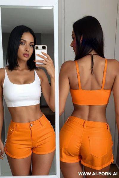Woman selfie in mirror. white crop top, orange short bottoms hot pants - ai-porn.ai on pornintellect.com