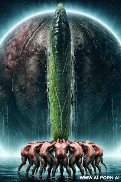 Tropical jungle, heavy rainstorm (a lot of water around), lightning; several monsters (males extraterrestrial creatures); huge males extraterrestrial creatures (very impressive) ((looks terrible)), very big - ai-porn.ai on pornintellect.com