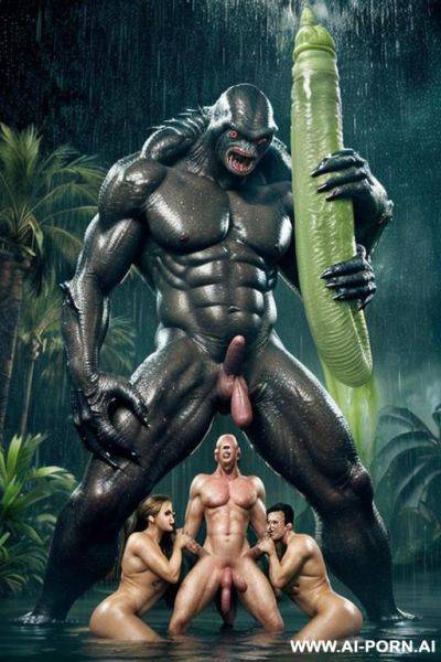 Tropical jungle, heavy rainstorm (a lot of water around), lightning; monster (male extraterrestrial creatures); huge male extraterrestrial creatures (very impressive) ((looks terrible)), very big erect - ai-porn.ai on pornintellect.com