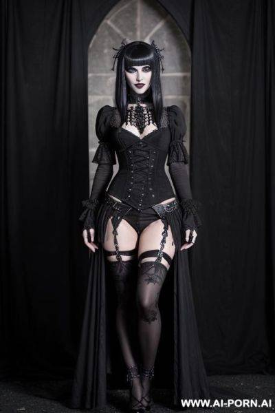 Full length body, looking at viewer, black colored hair with blonde colored highlights, full bangs, goth clog, fully clothed, no nudity - ai-porn.ai on pornintellect.com
