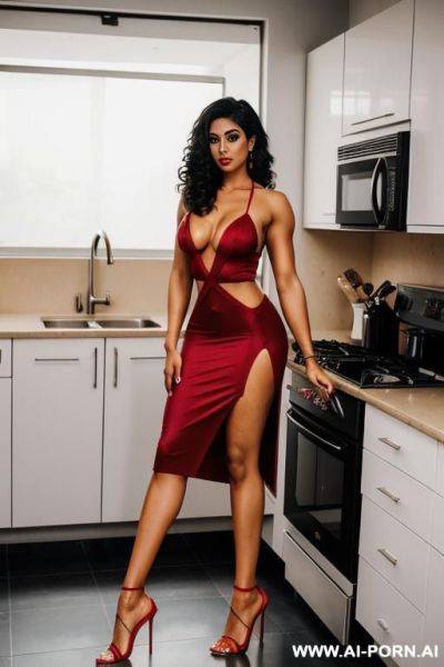 Indian, short hair, muscular arms, big ass, tall, long legs, navel piercing, red slit slip dress, looking at camera, full body, stiletto, in kitchen - ai-porn.ai - India on pornintellect.com
