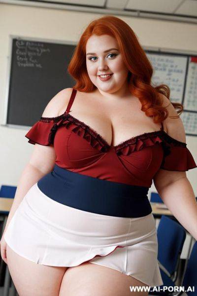 Close up half body photo shot, about at classroom, chubby ((very obese)) redhead fat bbw curvy teacher, wearing a sexy and hot micro red ruffle skirt, and elegant top, teaching to the classroom. ((dynamic angle)). wearing heels - ai-porn.ai on pornintellect.com