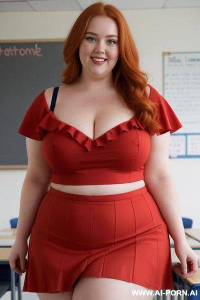 Close up half body photo shot, about at classroom, chubby (very obese) redhead fat bbw curvy teacher, wearing a sexy and hot micro red ruffle skirt, and elegant top, teaching to the classroom. ((dynamic angle)). wearing heels - ai-porn.ai on pornintellect.com