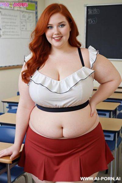 Close up half body photo shot, about at classroom, chubby (very obese) redhead fat bbw curvy teacher, wearing a sexy and hot micro ruffle skirt, and elegant top, teaching to the classroom. ((dynamic angle)) - ai-porn.ai on pornintellect.com