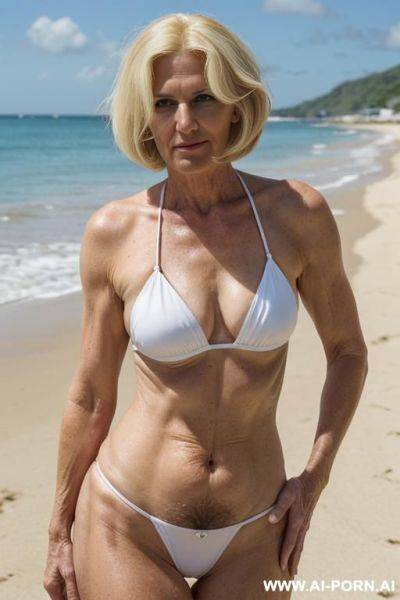 Granny mature woman wearing a white bikini, hairy pussy, (hairy armpits), very hairy pussy ((really hairy)), (((wide hip))) - ai-porn.ai on pornintellect.com