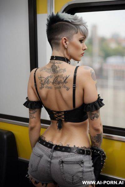 Showing off her perfect ass, view from below, close-up, goth, grey hair, bangs, piercings, dark clog, punk clog - ai-porn.ai on pornintellect.com