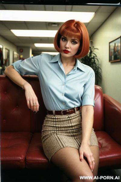 Redhead hairdresser working in a skirt and a transparent shirt stockings heels and hairy upskirt opening legs with no panties - ai-porn.ai on pornintellect.com