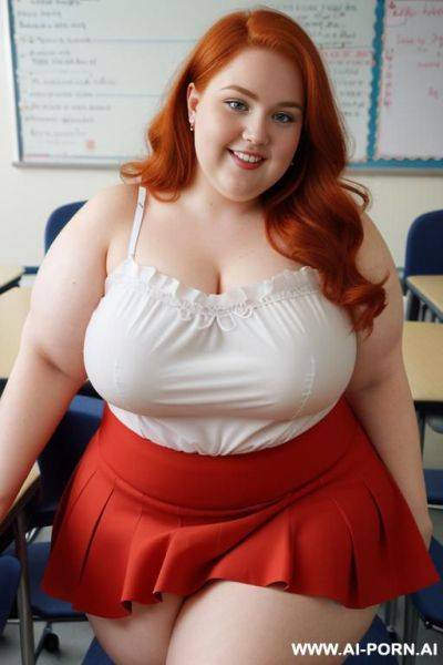 Close up half body photo shot, about at classroom, chubby ((very obese)) redhead fat bbw curvy teacher, wearing a sexy and hot micro red ruffle skirt, and elegant top, teaching to the classroom. ((dynamic angle)). wearing heels - ai-porn.ai on pornintellect.com