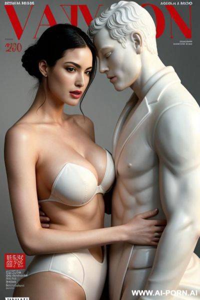 Magazine cover. a white statue of a couple. - ai-porn.ai on pornintellect.com