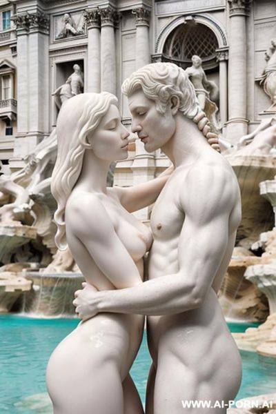 White color sculpture of a naked couple. realistic, very beautiful face. wull body wiew. trevi fountain in the background. - ai-porn.ai on pornintellect.com