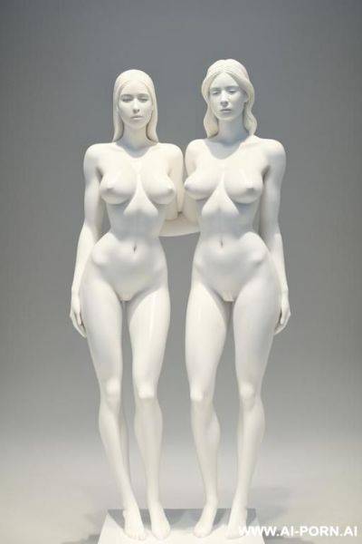 White color sculpture of a naked couple. realistic, very beautiful face. perfect boobs, slight smile, standing, spreading legs, showing very beautiful perfect pussy. full body wiew. museum. - ai-porn.ai on pornintellect.com