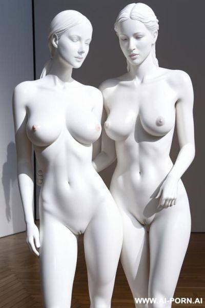White color sculpture of a naked couple. realistic, very beautiful face. perfect boobs, slight smile, standing, spreading legs, showing very beautiful perfect pussy. full body wiew. grand museum. - ai-porn.ai on pornintellect.com