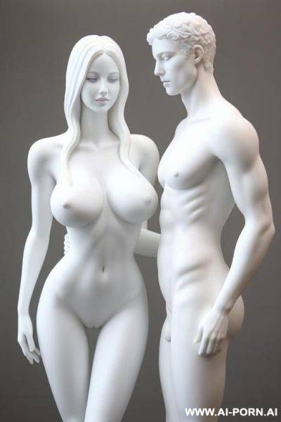 White color sculpture of a naked couple. realistic, very beautiful face. perfect boobs, slight smile, standing, spreading legs, showing very beautiful perfect pussy. full body wiew. - ai-porn.ai on pornintellect.com