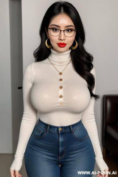 Turtleneck, eyeglasses, short jeans, round boobs, extremely pretty, full lips, button nose, eye contact, ahegao, big earrings, styled hair, tight waist, hourglass figure - ai-porn.ai on pornintellect.com