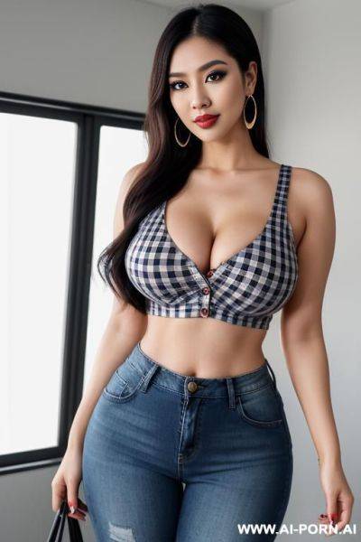 Checkered shirt, short jeans, sexy pose, round boobs, extremely pretty, full lips, button nose, eye contact, ahegao, big earrings, styled hair, tight waist, hourglass figure - ai-porn.ai on pornintellect.com