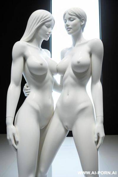 White color sculpture of a naked couple. realistic, very beautiful face. perfect boobs, slight smile, standing, spreading legs, showing very beautiful perfect pussy. full body wiew. loure museum, pussy real, hairy pussy, black hairy pussy - ai-porn.ai on pornintellect.com