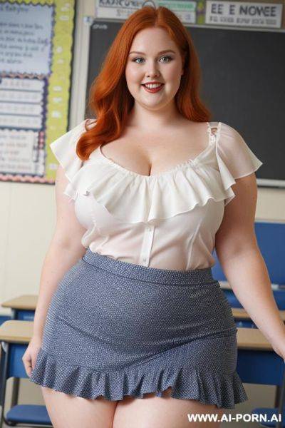 Close up full body photo shot, about at classroom, chubby very obese redhead fat bbw curvy teacher, wearing a sexy and hot micro ruffle skirt, and elegant top, teaching to the classroom. - ai-porn.ai on pornintellect.com