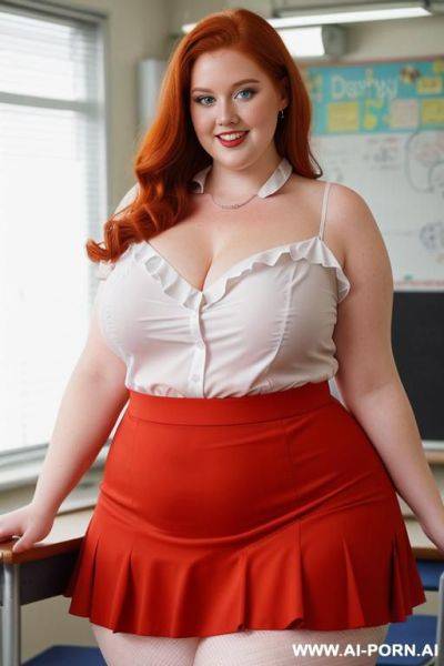 Close up full body photo shot, about at classroom, chubby very obese redhead fat bbw curvy teacher, wearing a sexy and hot micro red ruffle skirt, and elegant top, teaching to the classroom. - ai-porn.ai on pornintellect.com