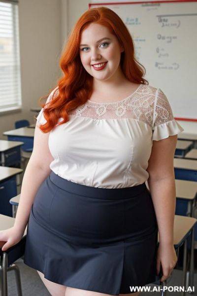 (full body photo shot), about at classroom, chubby very obese redhead fat bbw curvy teacher, wearing a sexy and hot micro red ruffle skirt, and elegant top, teaching to the classroom. - ai-porn.ai on pornintellect.com