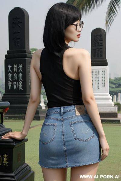 Chinese woman with bob hair, glasses, big breasts, fair skin, wearing a short jean skirt, showing her butt, thai cemetery - ai-porn.ai - Thailand - China on pornintellect.com