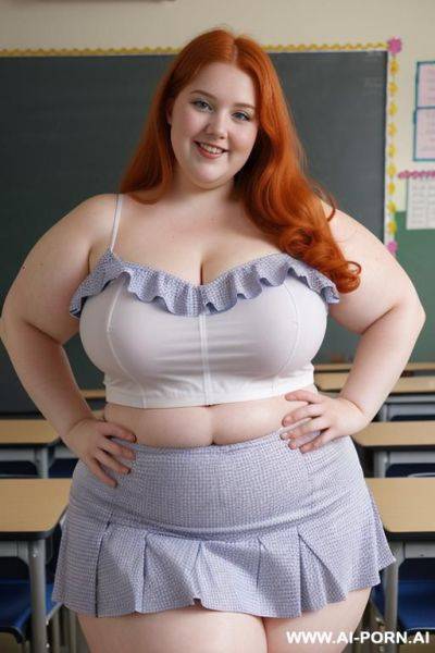 Close up full body photo shot, about at classroom, chubby ((very obese)) redhead fat bbw curvy teacher, wearing a sexy and hot micro ruffle skirt, and hot top, teaching to the classroom. - ai-porn.ai on pornintellect.com
