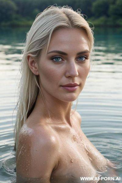 European model, in a lake, half submerged, shoulders sticking out of the water, wet slicked hair, bright blue eyes, pallid white skin, wet skin, wet hair, dirty blonde hair, pulled back wet - ai-porn.ai on pornintellect.com