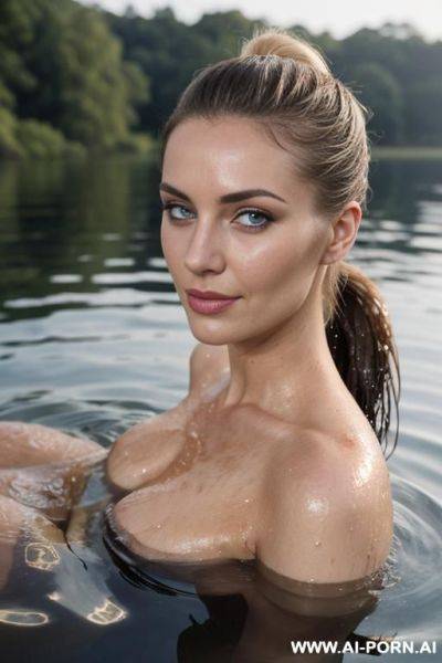 Model, in a lake, half submerged, shoulders sticking out of the water, wet slicked hair, bright blue eyes, pallid white skin, wet skin, wet hair, dirty blonde hair, pulled back wet hair, friendly flirty face, high cheekbones, eye contact, natural beauty - ai-porn.ai on pornintellect.com