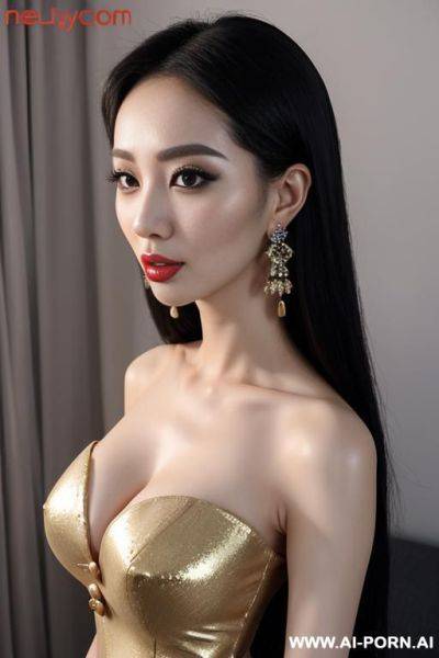 Glamorous actress, shiny dress, round boobs, extremely pretty, model, full lips, button nose, eye contact, ahegao, big earrings, styled hair, tight waist, hourglass figure - ai-porn.ai on pornintellect.com