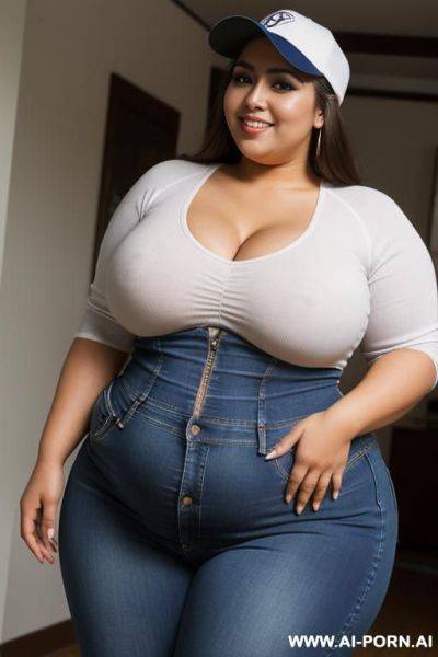 Colombian, supermodel, massive hips, super pear shaped plump body, eyeliner, hot, high rise jeans, big eyes, baseball cap - ai-porn.ai - Colombia on pornintellect.com