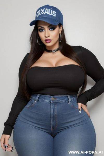 Mexican supermodel, big blue eyes, chicana, chola, lots of makeup, eyeliner, low rider woman, reverse baseball cap, extra thicc, huge thighs - ai-porn.ai - Mexico on pornintellect.com