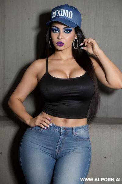 Mexican supermodel, big blue eyes, chicana, chola, lots of makeup, low rider woman, backds baseball cap - ai-porn.ai - Mexico on pornintellect.com