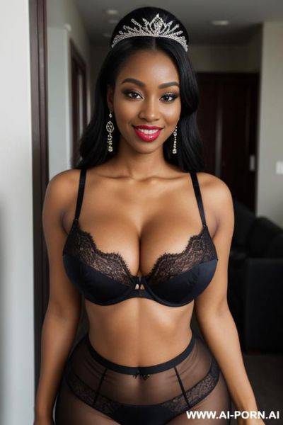 Tiara, bling, lace bra, soft cotton leggings, round boobs, extremely pretty, full lips, button nose, eye contact, ahegao, big earrings, styled hair, tight waist, hourglass figure - ai-porn.ai on pornintellect.com