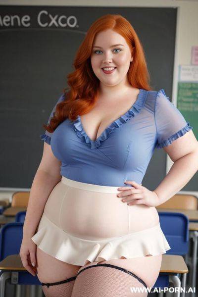 Close up full body photo shot, about at classroom, chubby very obese redhead fat bbw curvy teacher, wearing a sexy and hot micro ruffle skirt, and elegant top, teaching to the classroom. - ai-porn.ai on pornintellect.com