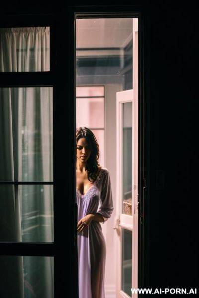 Night, darkness, man is standing outside the house and peeping through the window as a woman changes into a nightgown to sleep, view from the street, clearly visible man and woman in the window - ai-porn.ai on pornintellect.com