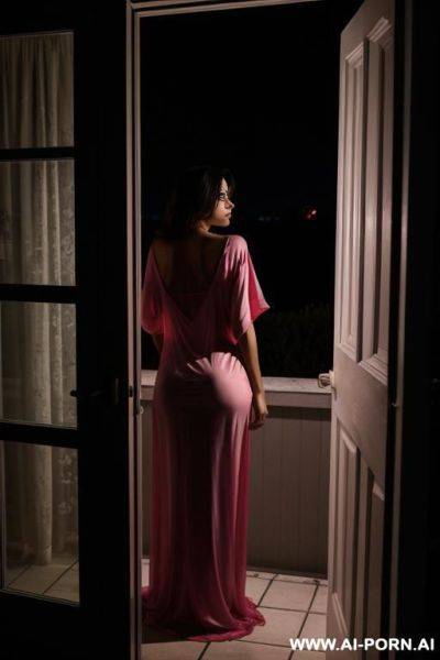 Night, darkness, man is standing outside the house and peeping through the window as a woman changes into a nightgown to sleep - ai-porn.ai on pornintellect.com