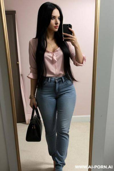 Woman long hair pink blouse jogger jeans selfie photo in the mirror full body - ai-porn.ai on pornintellect.com