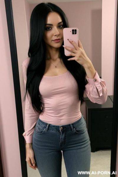 Slim woman long hair pink blouse jogger jeans selfie photo in the mirror full body - ai-porn.ai on pornintellect.com