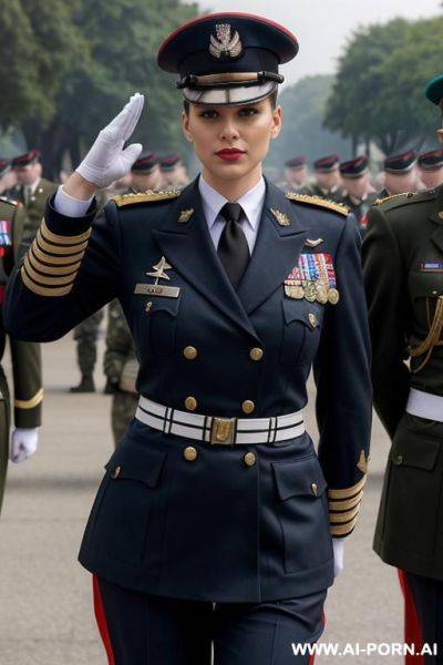 Military parade, military dress uniform, military necklace, military salute, surrounded by old men - ai-porn.ai on pornintellect.com